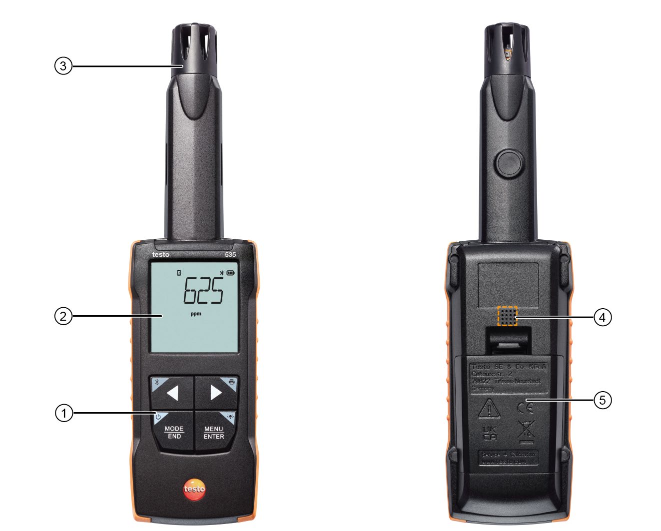 Front and rear views of the app-era testo 535; callout 3 identifies its upper probe and callout 4 its rear alarm speaker.