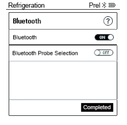 testo 550s/557s Bluetooth menu showing Bluetooth ON and the Completed button selected.